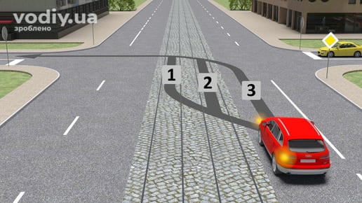 Поворот ліворуч через трамвайні колії попутного напрямку, дорожній знак 2.3 «Головна дорога», траєкторії руху автомобіля на перехресті.