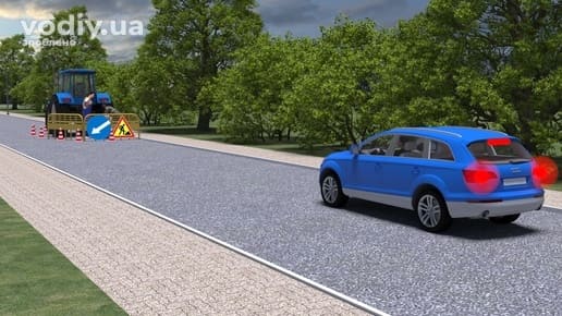 Синій автомобіль наближається до дорожніх робіт, дорожні знаки: 4.8 «Об’їзд перешкоди з лівого боку», 1.37 «Дорожні роботи».