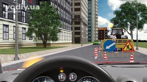 Зустрічний роз'їзд, дорожні знаки: 1.37 «Дорожні роботи», 4.8 «Об’їзд перешкоди з лівого боку», червоний та зелений автомобілі, перешкода на дорозі.