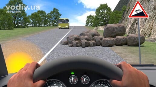 Зустрічний роз'їзд на підйомі, дорожній знак 1.6 «Крутий підйом», перешкода на дорозі у вигляді каміння