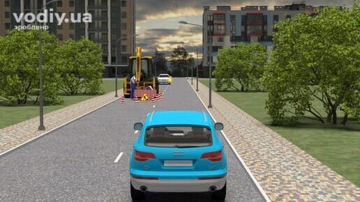 Зустрічний роз’їзд у разі наявності перешкоди на дорозі, дорожній знак 1.37 «Дорожні роботи» на смузі руху білого автомобіля