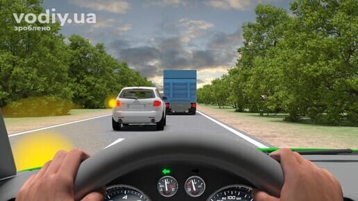 Подвійний обгін, білий автомобіль обганяє вантажівку поза населеним пунктом