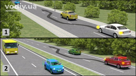 Порівняння обгону та випередження, траєкторія руху автомобіля з виїздом на зустрічну смугу та перестроювання на дорозі з кількома смугами.