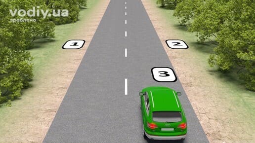 Зелений автомобіль на дорозі поза населеним пунктом, варіанти місця для зупинки на узбіччі та проїзній частині.