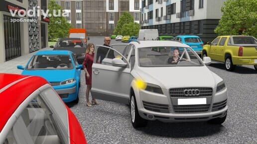 Висадка пасажирів з автомобіля з боку суміжної смуги руху, відчинені ліві двері авто на проїзній частині.