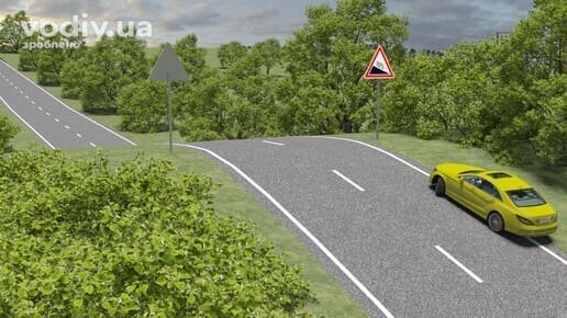 Жовтий автомобіль на узбіччі перед крутим підйомом, дорожній знак 1.6 «Крутий підйом», обмежена оглядовість дороги менше ніж 100 метрів.