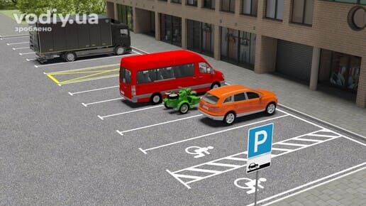 Дорожні знаки 5.42.1, 7.6.4, вантажівка, мікроавтобус, мотоцикл та легковий автомобіль на майданчику для стоянки біля краю проїзної частини.