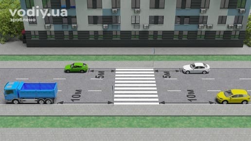 Стоянка автомобілів та вантажівки біля пішохідного переходу на дорозі з одностороннім рухом, розмітка 1.14.1 «зебра».