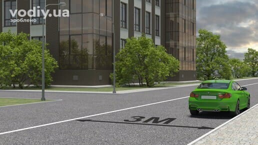 Зупинка автомобіля на Т-подібному перехресті, суцільна лінія розмітки 1.1 та відстань 3 метри