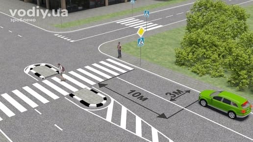 Зелений автомобіль біля пішохідного переходу, дорожні знаки 2.3, 5.38.1, розмітка 1.1, 1.14.1, відстань до суцільної лінії менше 3 метрів.