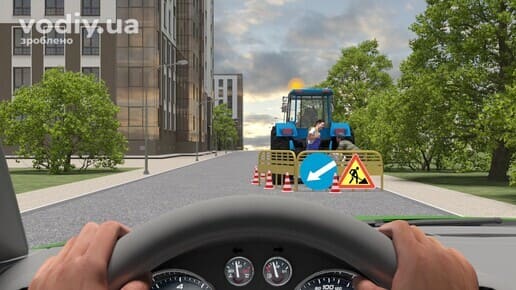 Дорожні знаки: 1.37 «Дорожні роботи», 4.8 «Об’їзд перешкоди з лівого боку», трактор та конуси на проїзній частині, виконання дорожніх робіт.