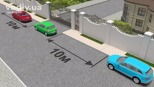 Червоний, зелений та блакитний автомобілі на стоянці біля виїзду з двору, дистанція 10 метрів від прилеглої території.