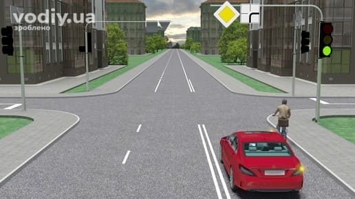 Червоний автомобіль та велосипедист перед перехрестям, зелений сигнал світлофора, дорожні знаки 2.3, 7.8, поворот праворуч.