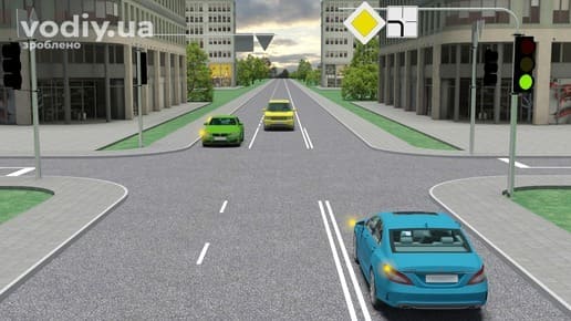 Черговість проїзду регульованого перехрестя, зелений сигнал світлофора, дорожні знаки: 2.3 «Головна дорога», 7.8 «Напрямок головної дороги».