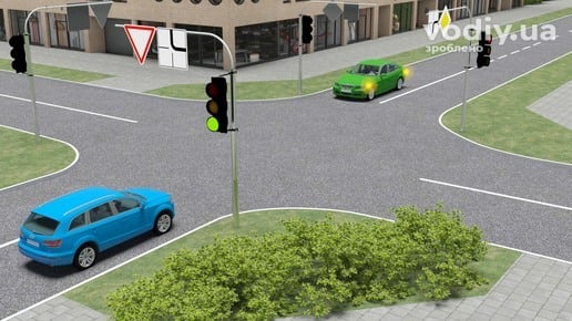 Синій та зелений автомобілі на регульованому перехресті, зелений сигнал світлофора, дорожні знаки 2.1 «Дати дорогу», 7.8 «Напрямок головної дороги».