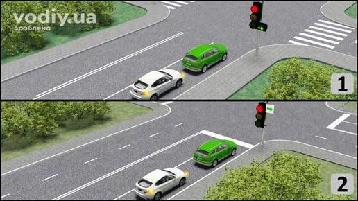 Рух за сигналом додаткової секції світлофора та табличкою із зеленою стрілкою, поворот праворуч на регульованому перехресті