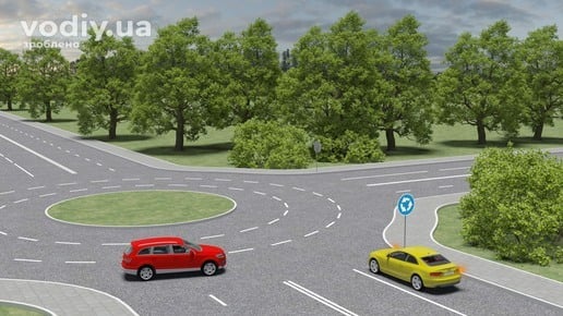 Червоний та жовтий автомобілі на перехресті з круговим рухом, дорожній знак 4.10 «Круговий рух». Черговість проїзду перехрестя.