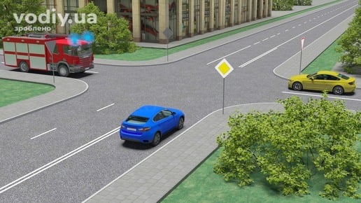 Черговість проїзду перехрестя: синій автомобіль, жовтий та пожежна машина з синіми маячками. Дорожні знаки: 2.1 «Дати дорогу», 2.3 «Головна дорога».