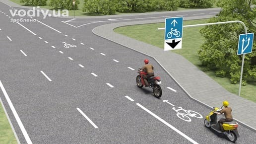 Дорожні знаки: 5.88 «Велосипедна смуга», 7.9 «Смуга руху», 5.20.2 «Початок додаткової смуги руху». Мотоцикл та мопед на велосипедній смузі.
