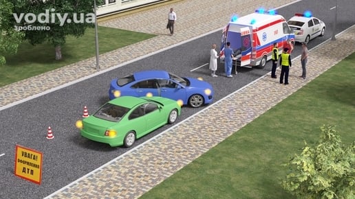 Оформлення ДТП, поліцейські та медики біля пошкоджених автомобілів, увімкнені сині проблискові маячки на патрульному авто та швидкій допомозі.