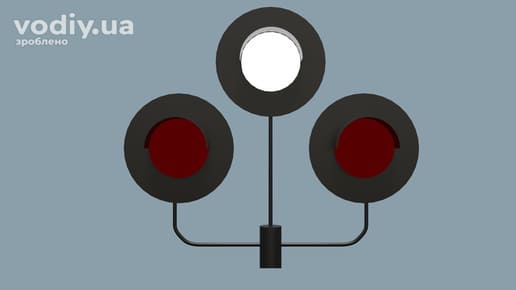 Світлофор на залізничному переїзді з двома червоними сигналами та одним біло-місячним сигналом зверху.